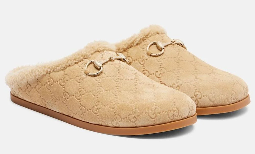 Gucci New Sol Beige Suede GG Logo Shearling Fur Backless Slide Mule Flat 37